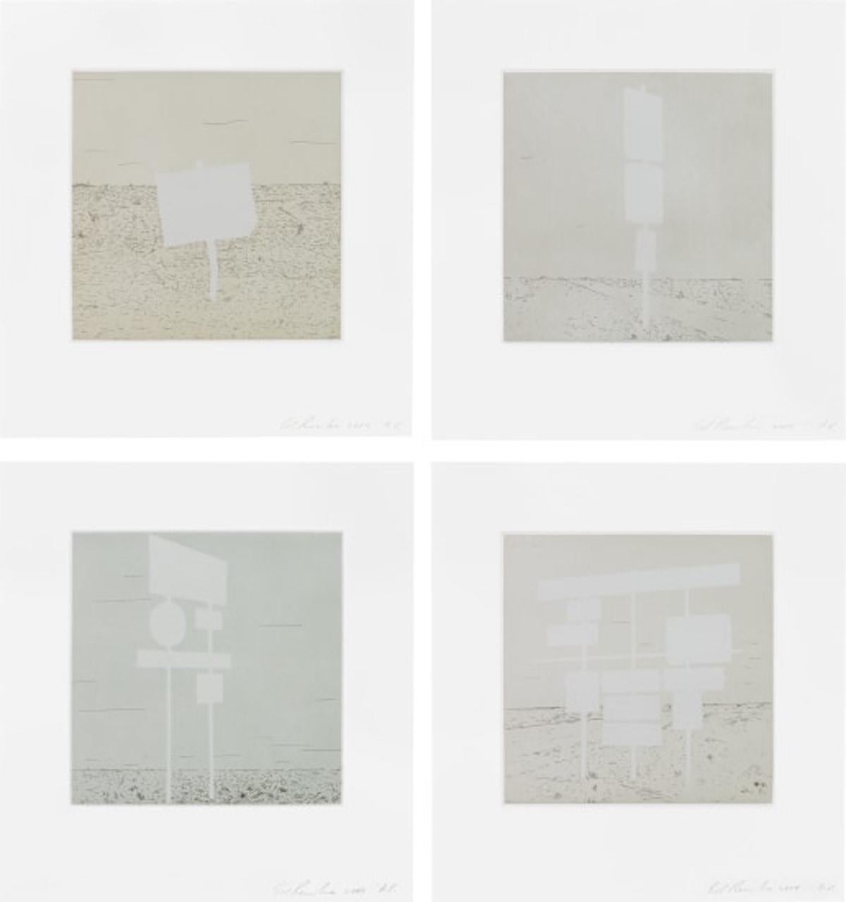 ED RUSCHA (1937-aujourd'hui)

Cette pièce 'Blank Signs' est l'ensemble complet de quatre eaux-fortes et aquatintes en couleurs sur papier Magnani Pescia, avec des marges complètes, conçu en 2004. Chaque épreuve est signée, datée et annotée "A.P." au