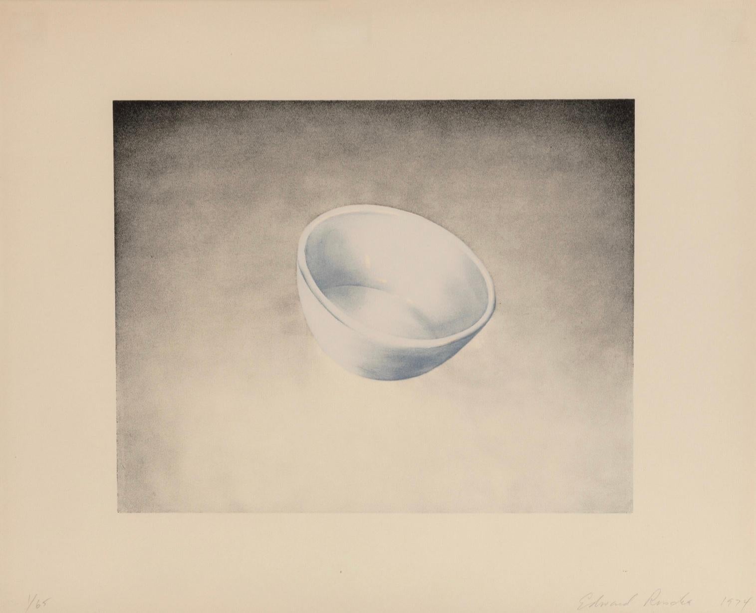 ED RUSCHA (1937-Present)

Ed Ruscha's print 'Bowl', from Domestic Tranquility, is a lithograph printed in colours, 1974, on Arches Cover paper. It is signed, dated and numbered 1/65 (there were also 24 artist's proofs) in pencil, Co-published by