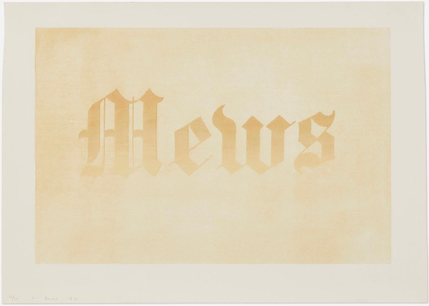 ED RUSCHA (1937-Present)

Organic screenprint, signed, dated and numbered to lower left ‘28/125 E. Ruscha 1970’. This work is number 28 from the edition of 125 printed by Alecto Studios, London and published by Editions Alecto, London.

Literature: