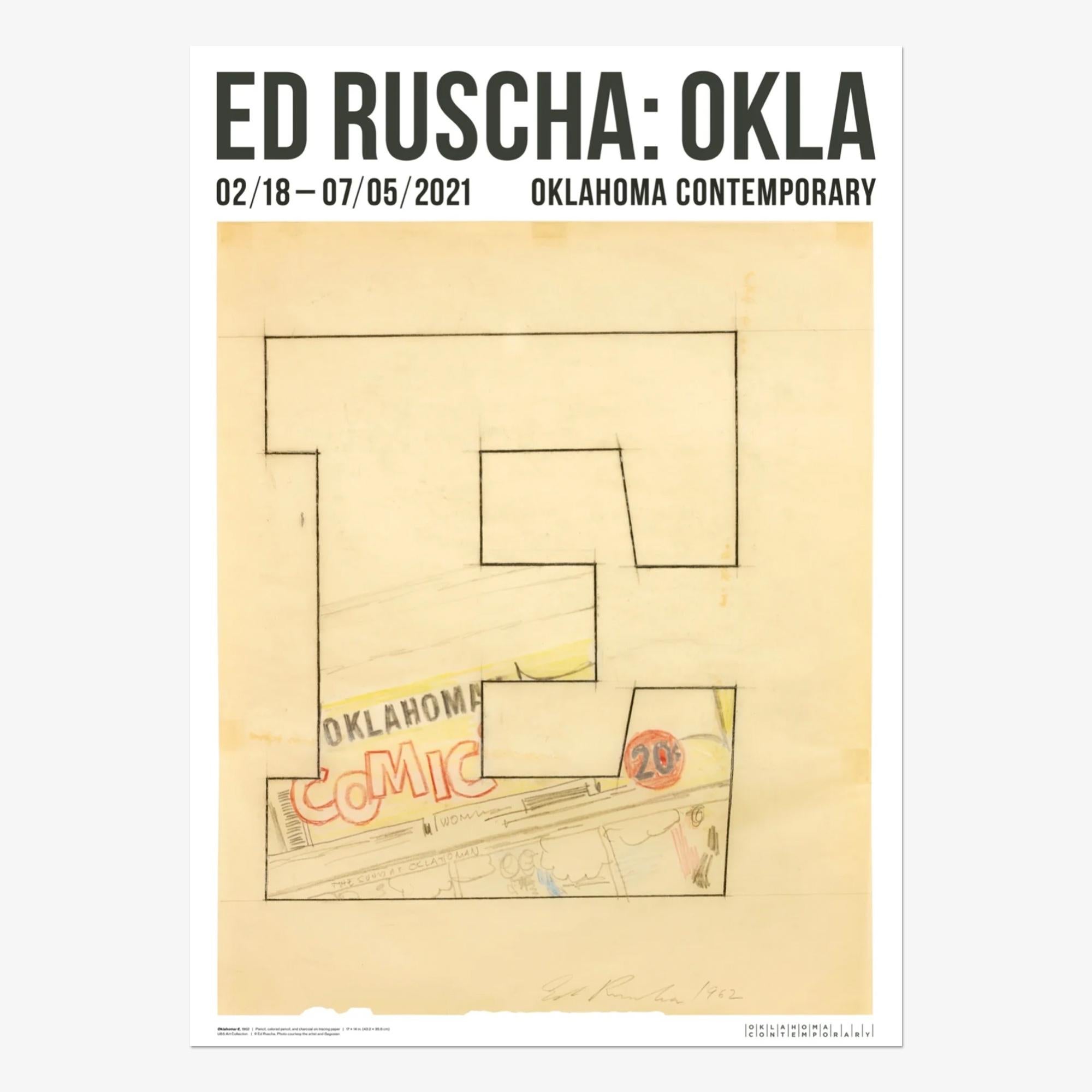 Original Oklahoma Contemporary exhibition poster, based on Ed Ruscha’s pencil and charcoal drawing named Oklahoma-E from 1962.

Ed Ruscha (American, b. 1937)
Ed Ruscha: OKLA, 2021
Medium: Offset print on Hahnemuhle fine art paper
Dimensions: 24.75 x