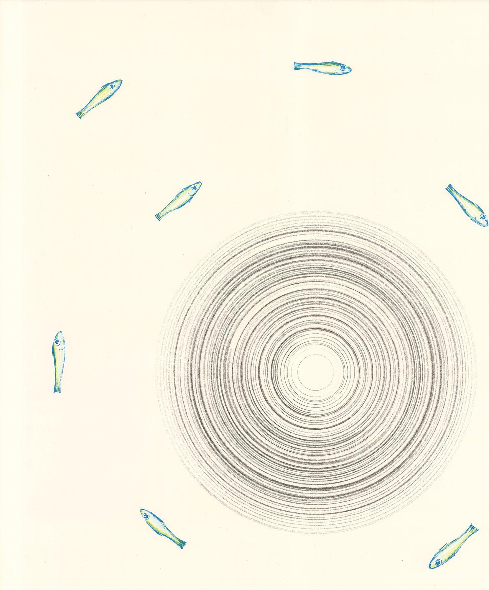 This poster, printed on Arches paper and featuring a plate-signed image by Ed Ruscha, was created for the 1983 Chicago International Art Exposition. The piece features small blue fish swimming in circles around a series of concentric rings,