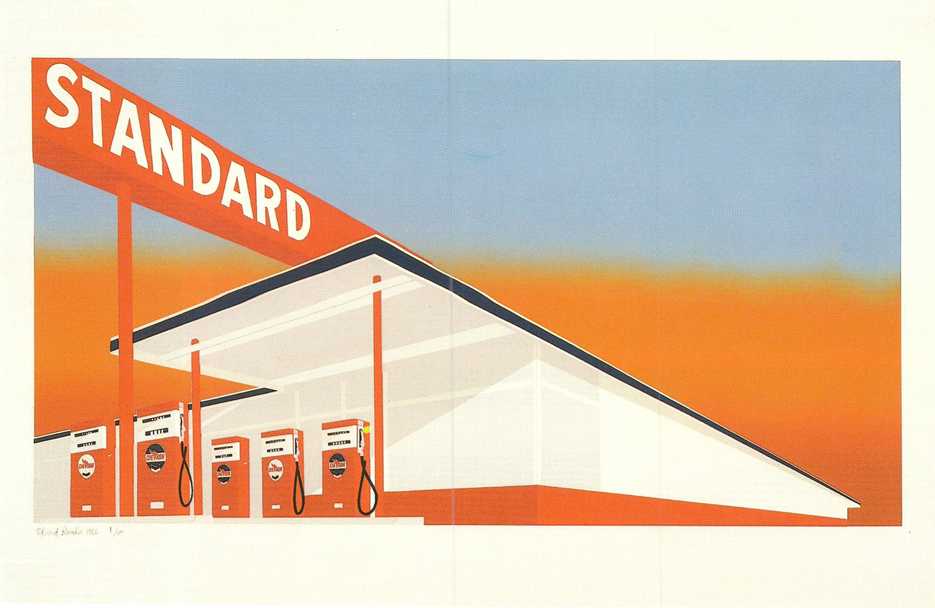 Offset lithograph from a portfolio of six prints published by the Museum of Modern Art, now out of print.

Ed Ruscha’s Standard Station is among his most iconic images, encapsulating his fascination with the American landscape, consumer culture, and