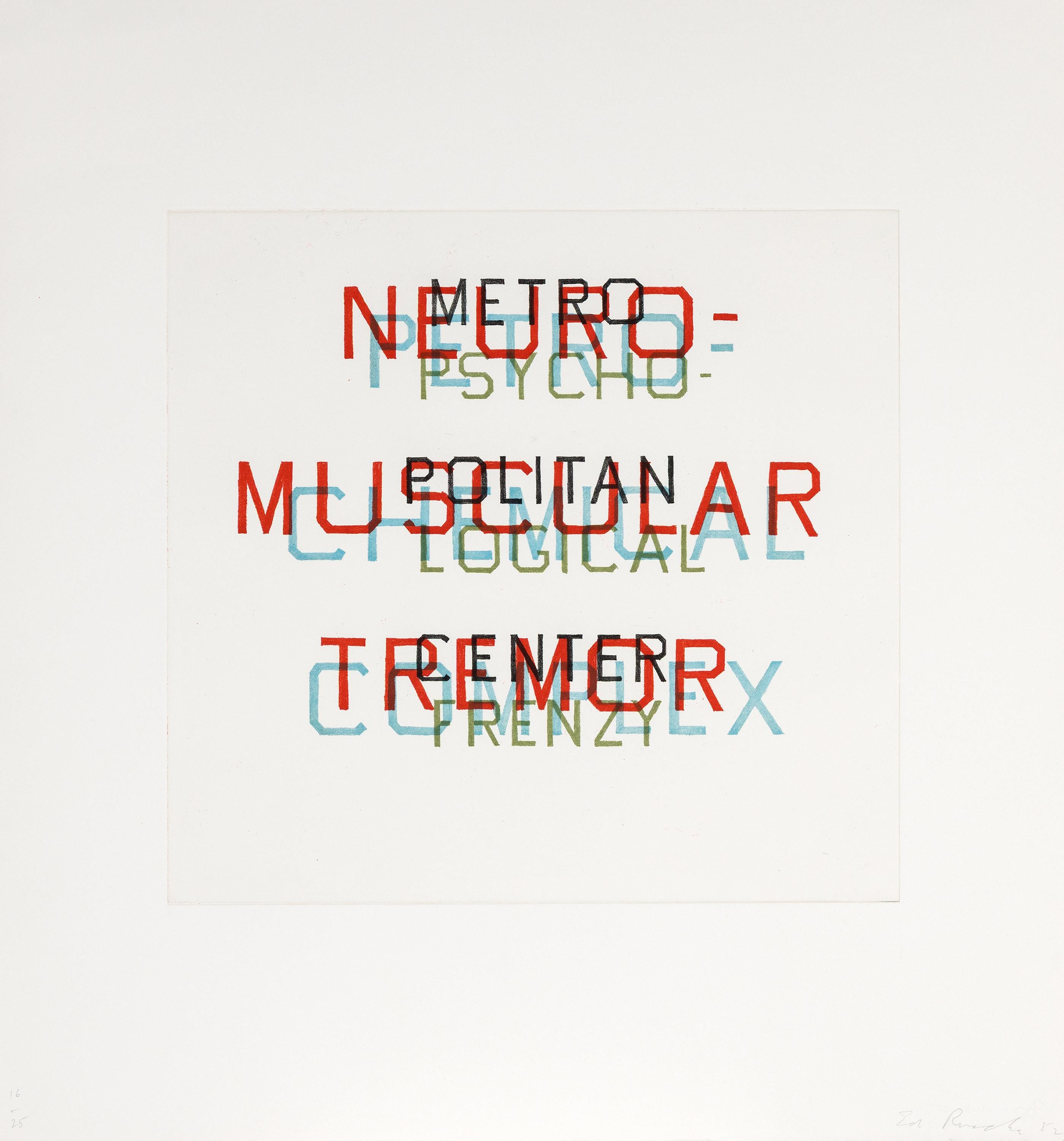 “Metro Petro Neuro Psycho” is a color aquatint by American Pop artist, Ed Ruscha from 1982. The work is edition 16/25 and is signed lower right, “Ed Ruscha 82”

Ed Ruscha's Metro, Petro, Neuro, Psycho, from an edition of 25 with 10 artist proofs,