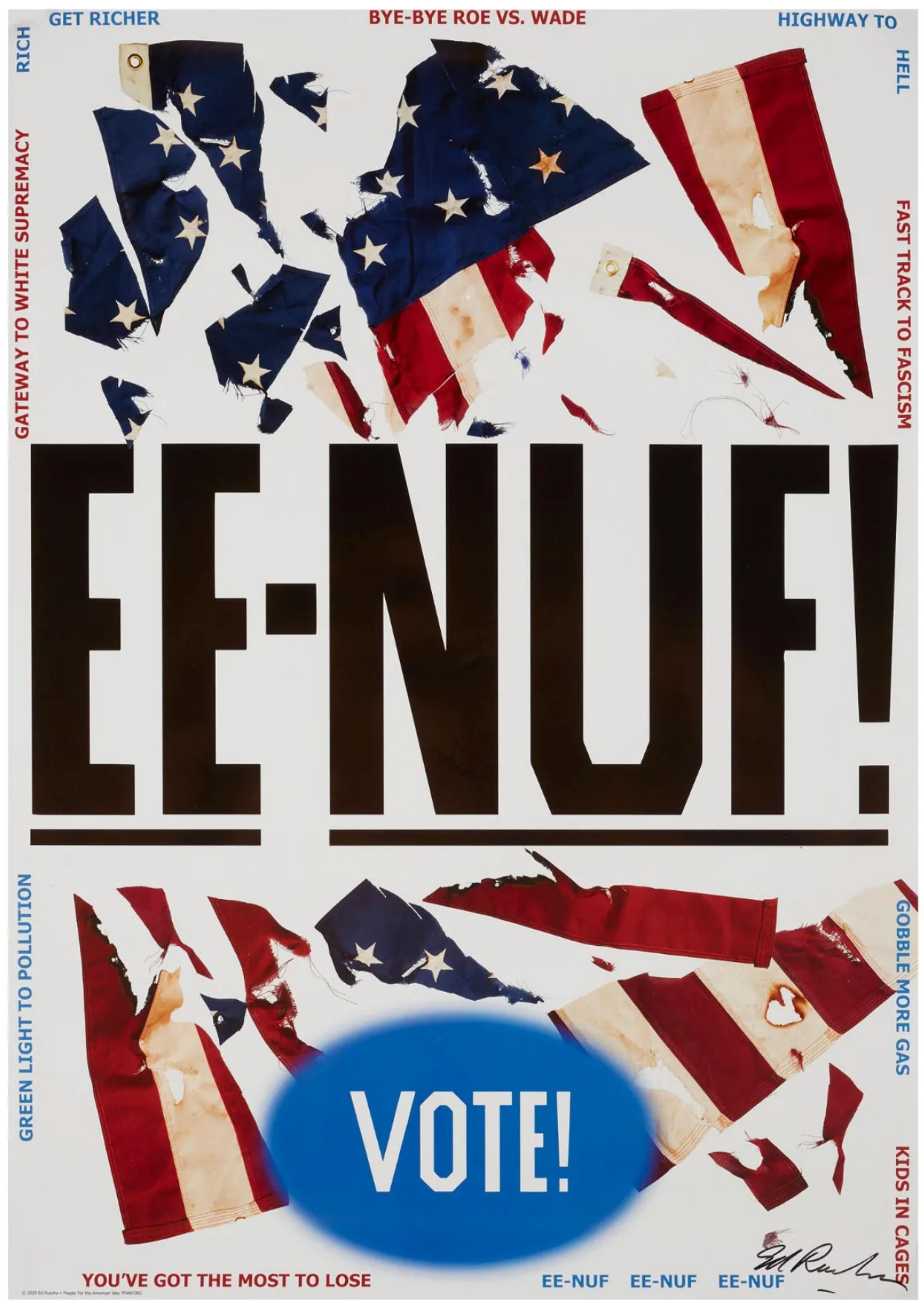 Ed Ruscha
EE-NUF! (handsigniert von Ed Ruscha), 2020
Farblithografisches Poster auf Velinpapier (handsigniert von Ed Ruscha)
Signiert von Ed Ruscha in schwarzem Marker auf der Vorderseite
32 1/4 × 23 Zoll
Ungerahmt
Dieses ikonische Bild wurde