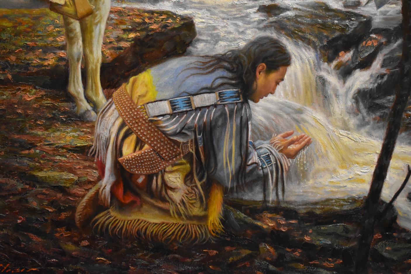 „SCOUTS“ NATIVE AMERICAN, INDIAN, 47 X 37 FRAMED NICE!!! – Painting von Ed Salazar