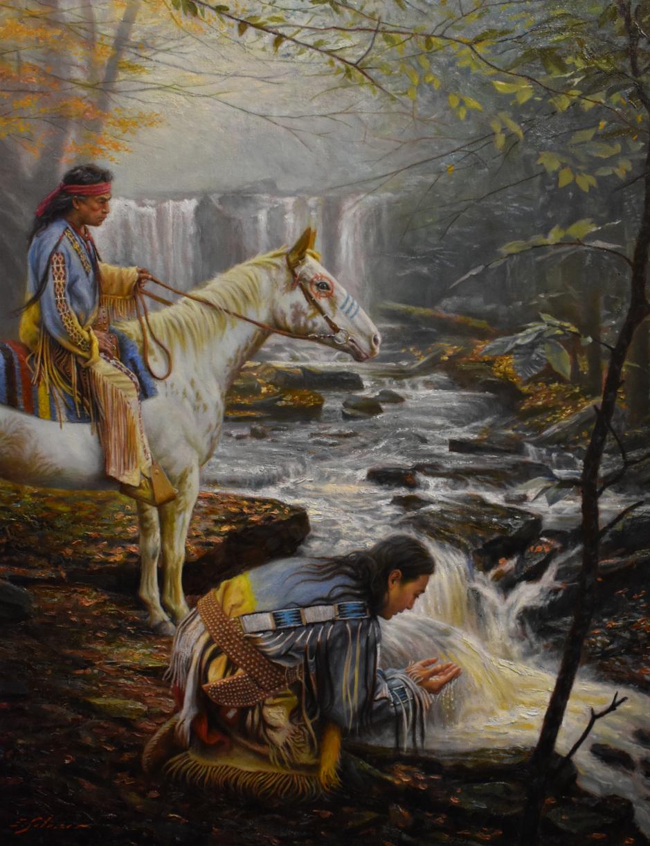„SCOUTS“ NATIVE AMERICAN, INDIAN, 47 X 37 FRAMED NICE!!! (Schwarz), Figurative Painting, von Ed Salazar