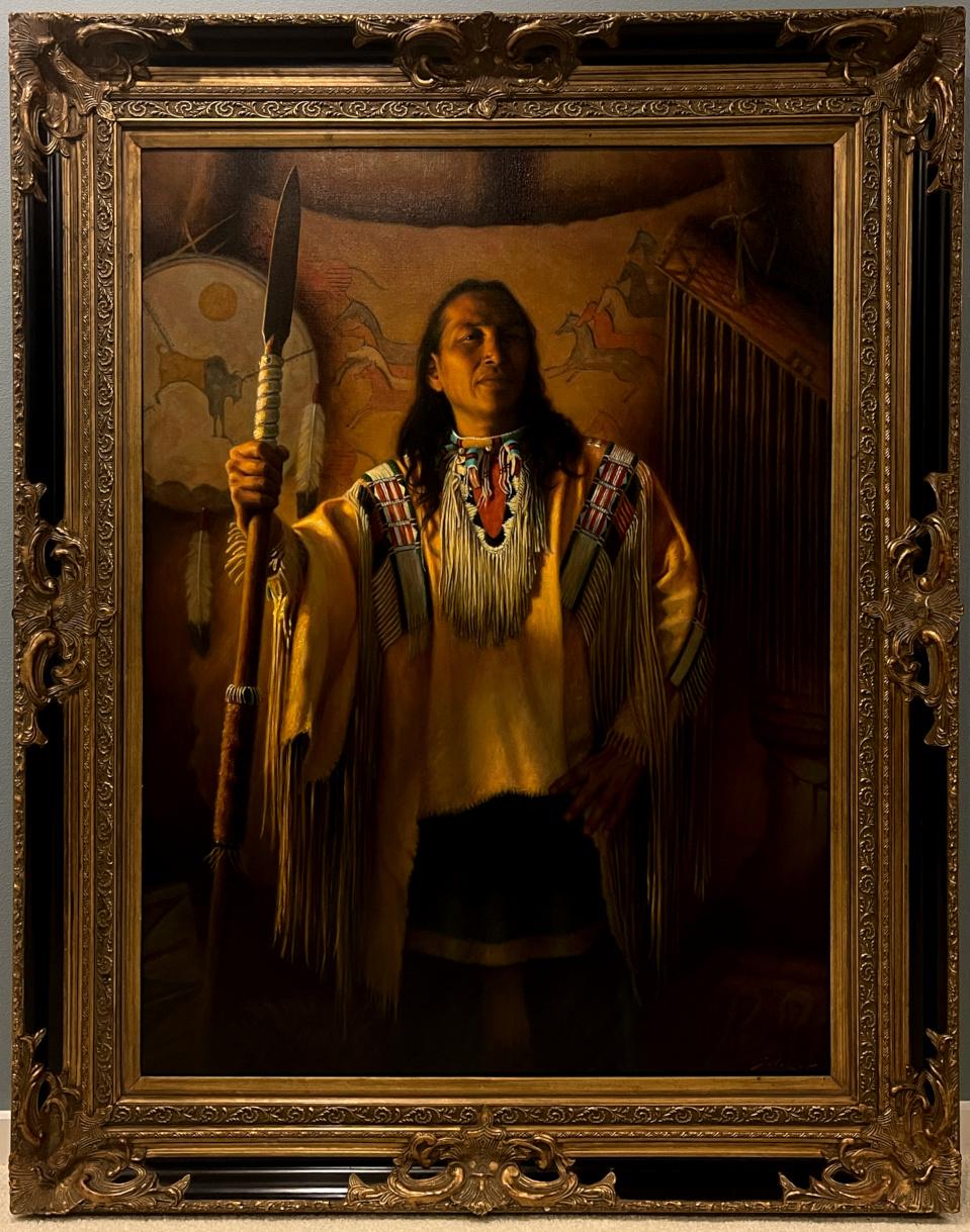 Figurative Painting Ed Salazar - "LA FIERTÉ DES NEZ PERCE INDIANS" INDIEN D
AMÉRIQUE DU NORD COURAGEUX. 58 X 46 TAILLE DU CADRE