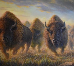 "PEZUÑAS ATRONADORAS" ESTAMPIDA DE BÚFALOS 36 X 80 ENMARCADO BISONTE INCREÍBLE