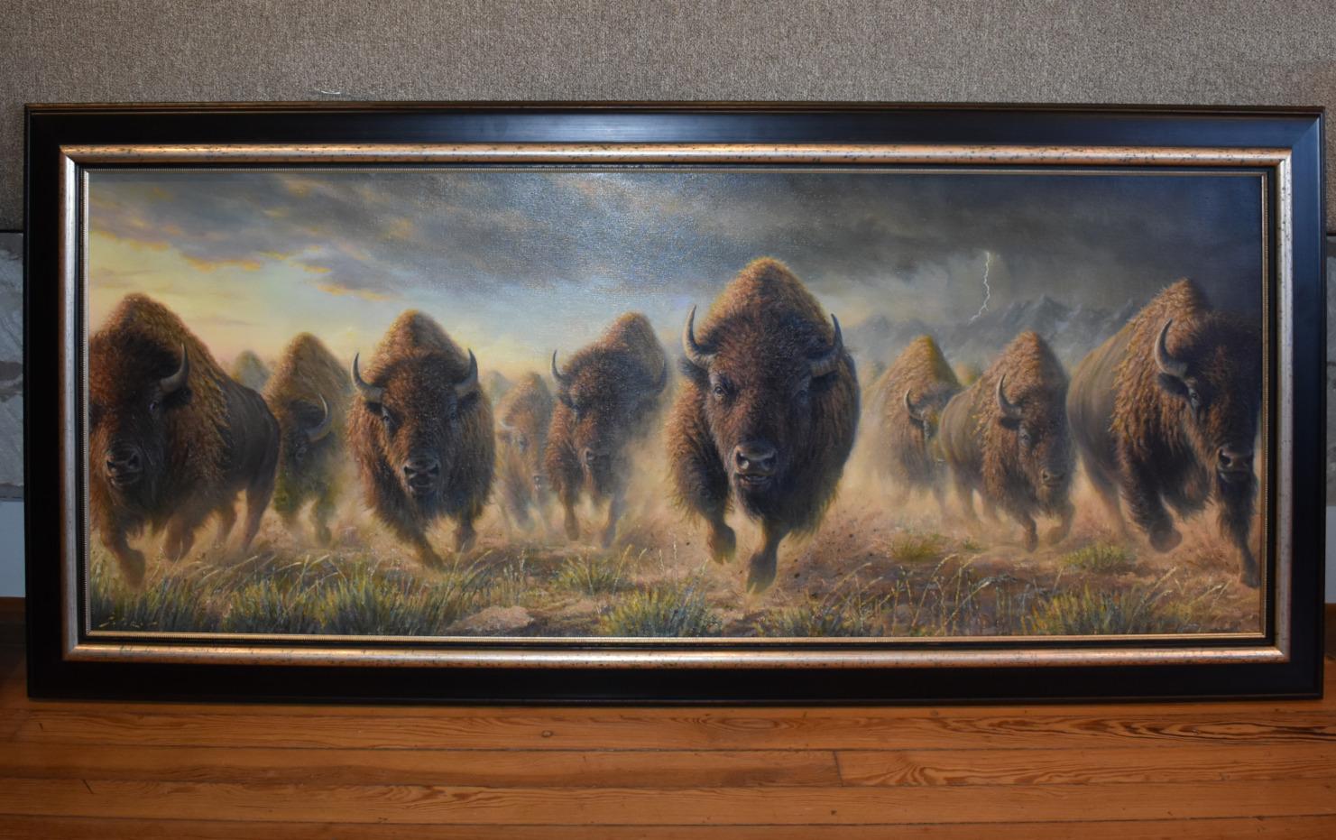 Ed Salazar Animal Painting - "THUNDERING HOOVES" BUFFALO STAMPEDE 36 X 80 FRAMED BISON INCREDIBLE