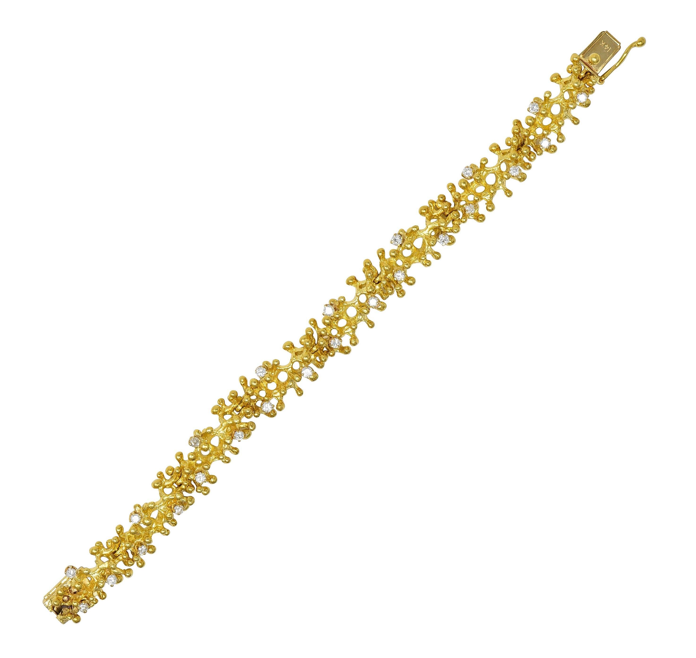 Modern Ed Weiner 1960's Brutalist 0.96 CTW Diamond 14K Yellow Gold Vintage Bracelet
