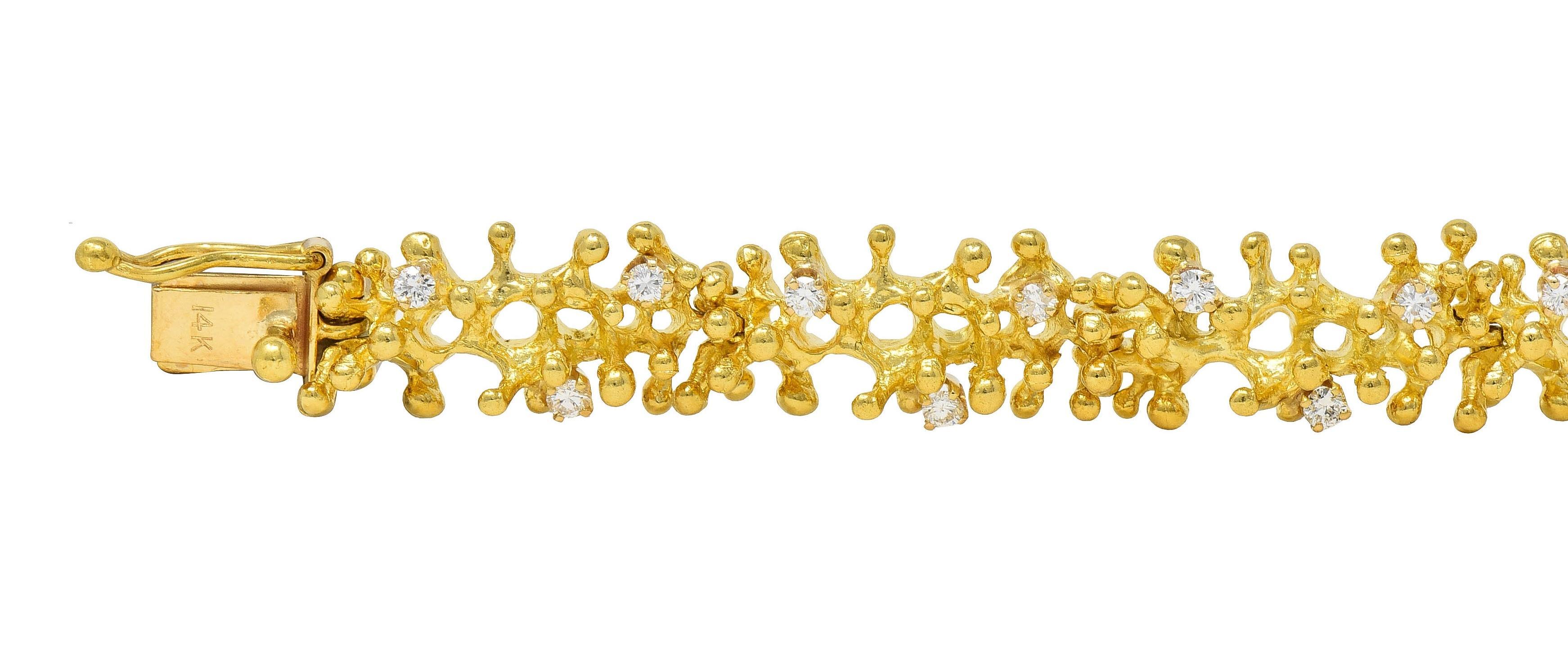 Round Cut Ed Weiner 1960's Brutalist 0.96 CTW Diamond 14K Yellow Gold Vintage Bracelet