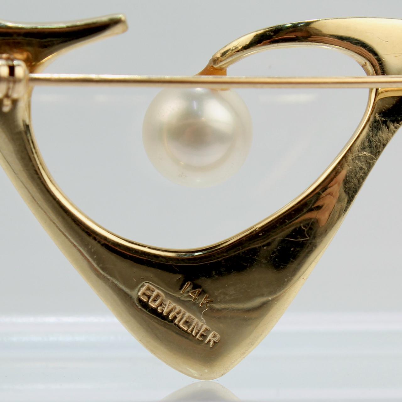Women's Ed Wiener NYC Modernist 14 Karat Gold and Pearl Brooch or Pin For Sale