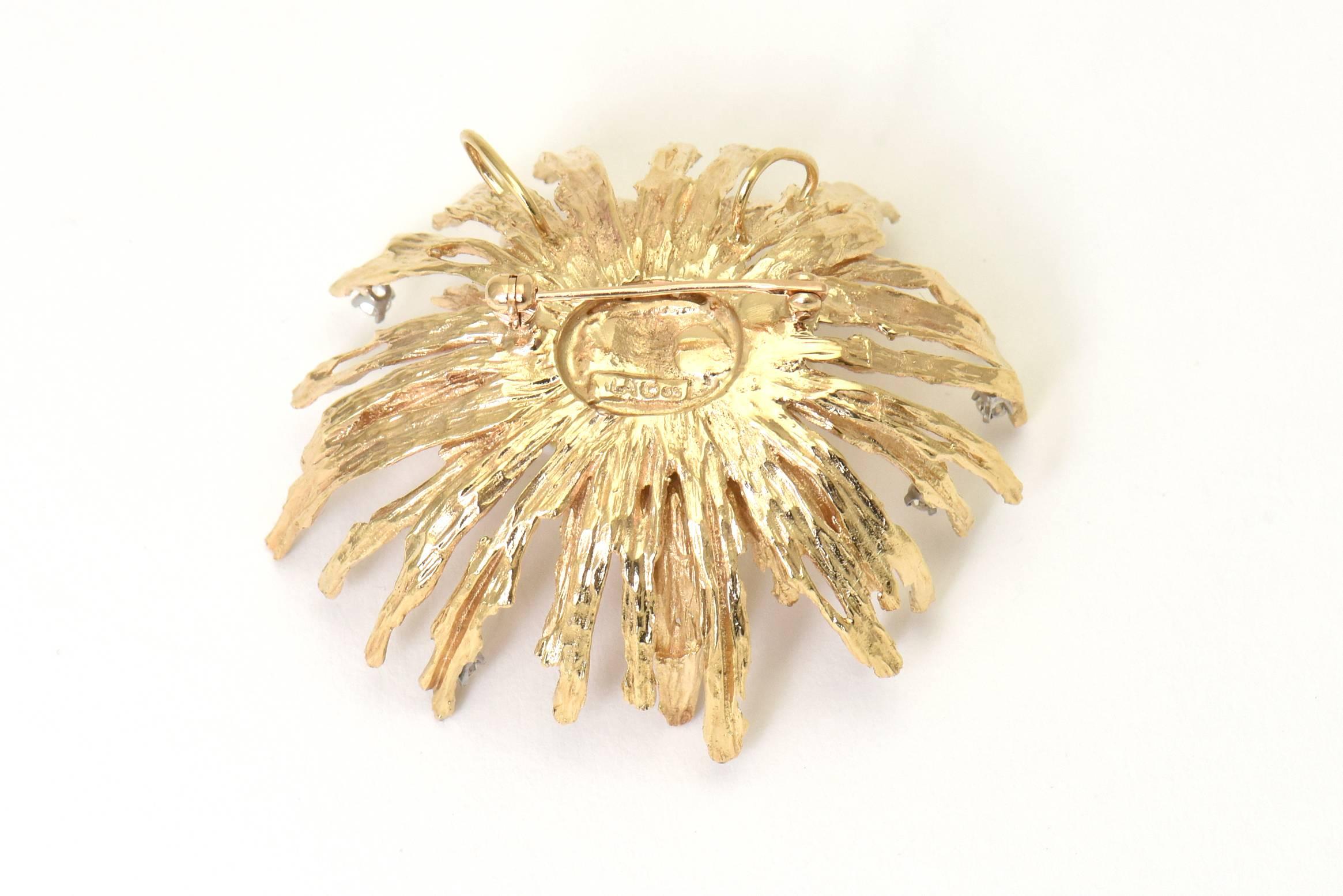 Women's or Men's Ed Weiner Style Diamond Pearl Textured Yellow Gold Starburst Pendant Brooch