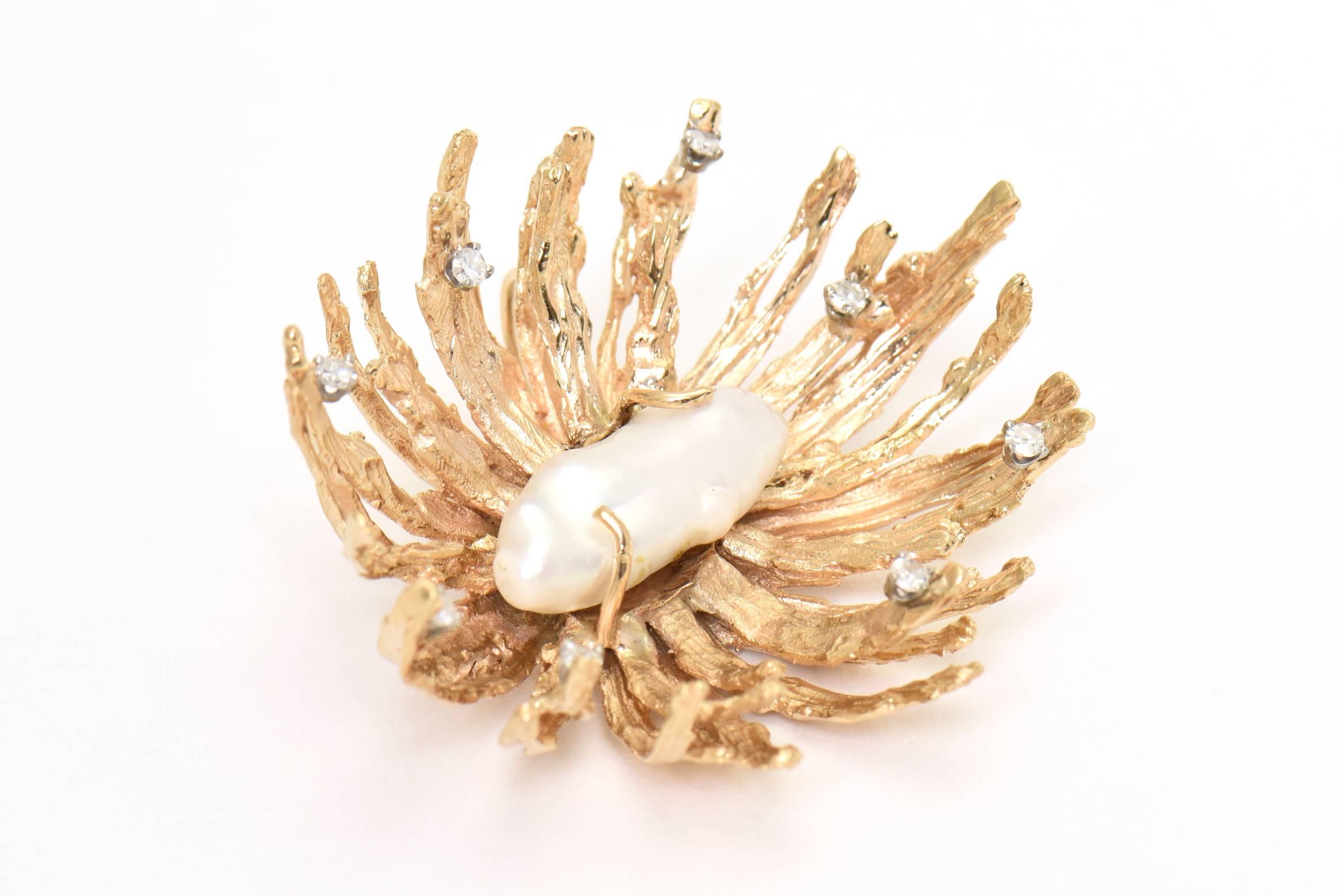 Ed Weiner Style Diamond Pearl Textured Yellow Gold Starburst Pendant Brooch 3