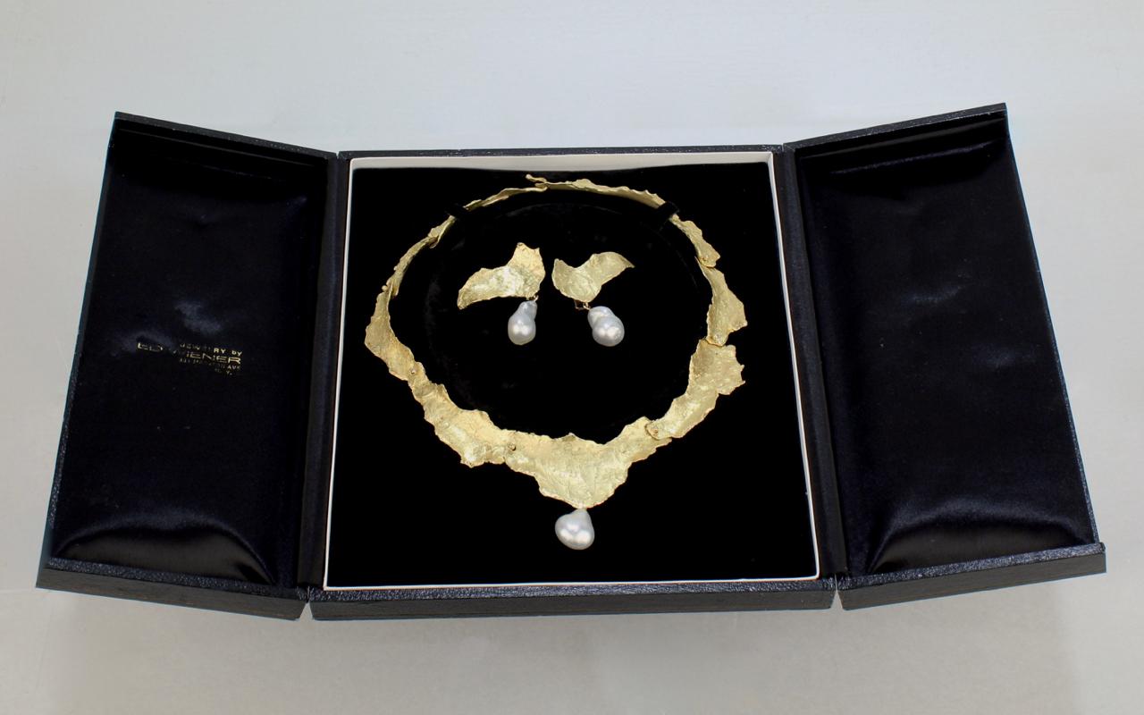 Ed Wiener 18K Gold and Baroque Pearl Modernist Choker Necklace and Earrings Set 7