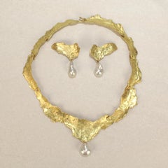 Ensemble collier ras du cou et boucles d'oreilles moderniste en or 18 carats et perles baroques Ed Wiener