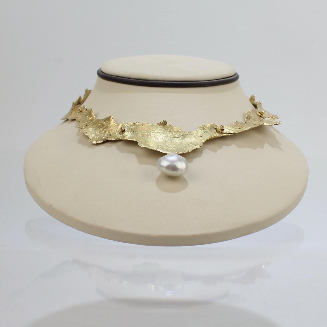 Women's Ed Wiener 18K Gold and Baroque Pearl Modernist Choker Necklace and Earrings Set