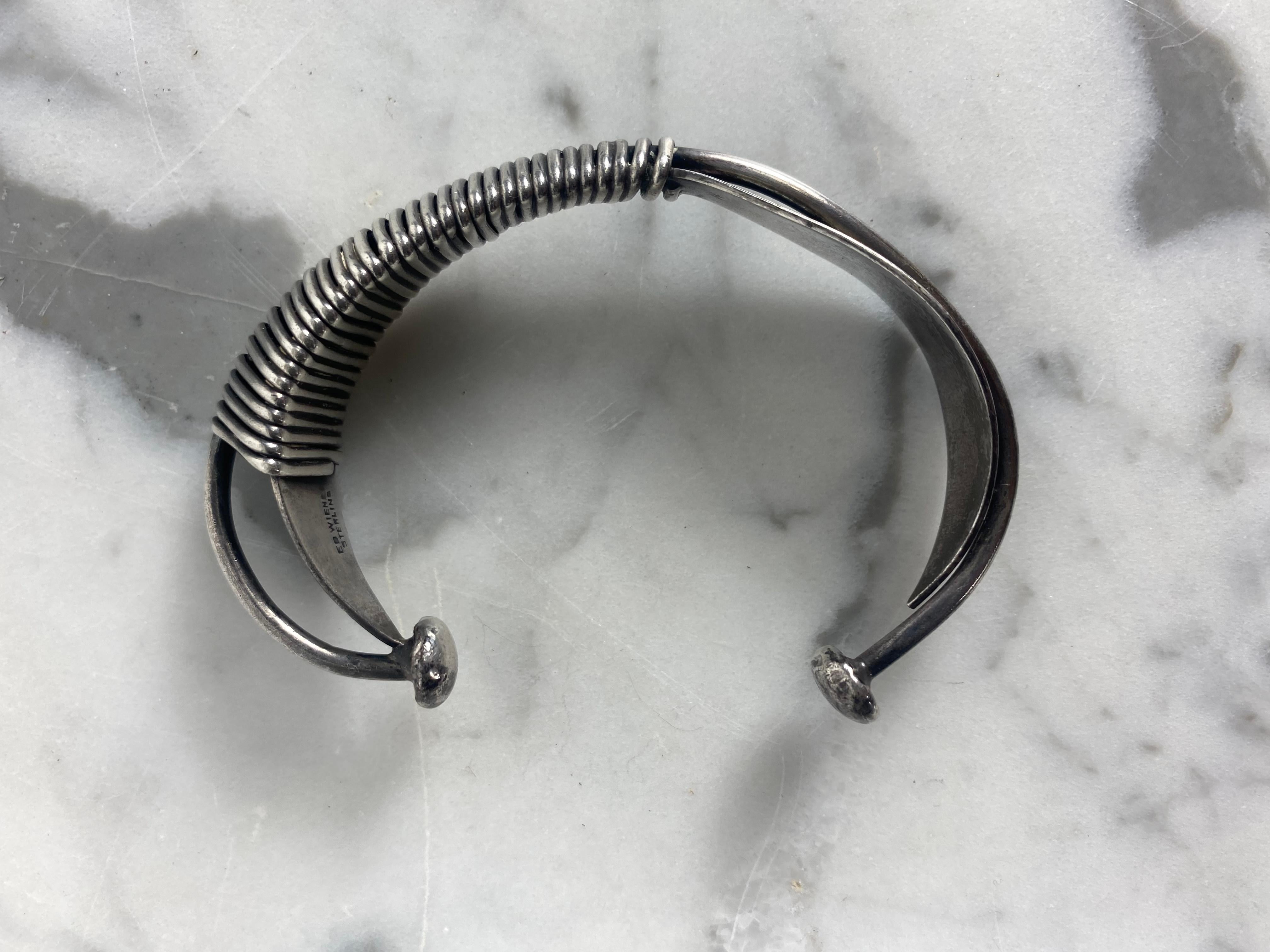 American Ed Wiener 1954 New York Rare Modernist Sculptural Cuff Bracelet .925 Sterling For Sale