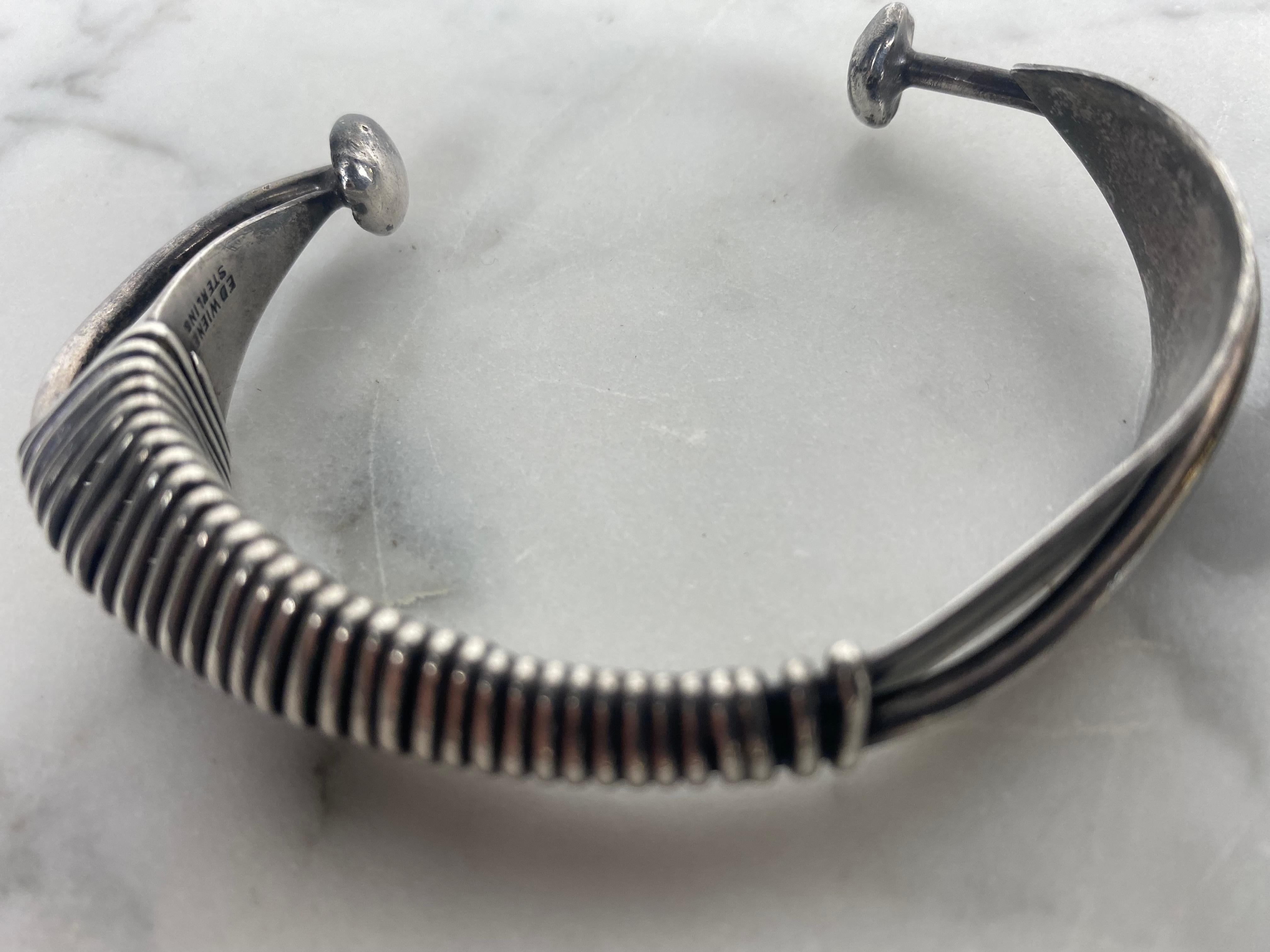 Hand-Crafted Ed Wiener 1954 New York Rare Modernist Sculptural Cuff Bracelet .925 Sterling For Sale