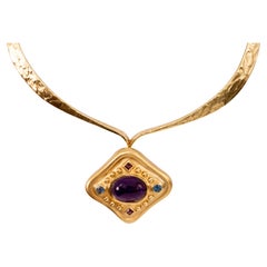 Vintage Ed Wiener Amethyst Topaz Rhodolite Garnet and 18 Karat Gold Necklace Circa 1970