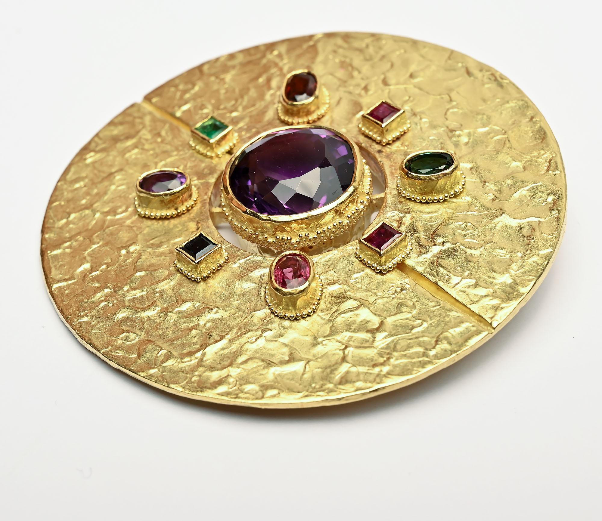 Modernist Ed Wiener Gold and Gems Brooch/ Pendant For Sale