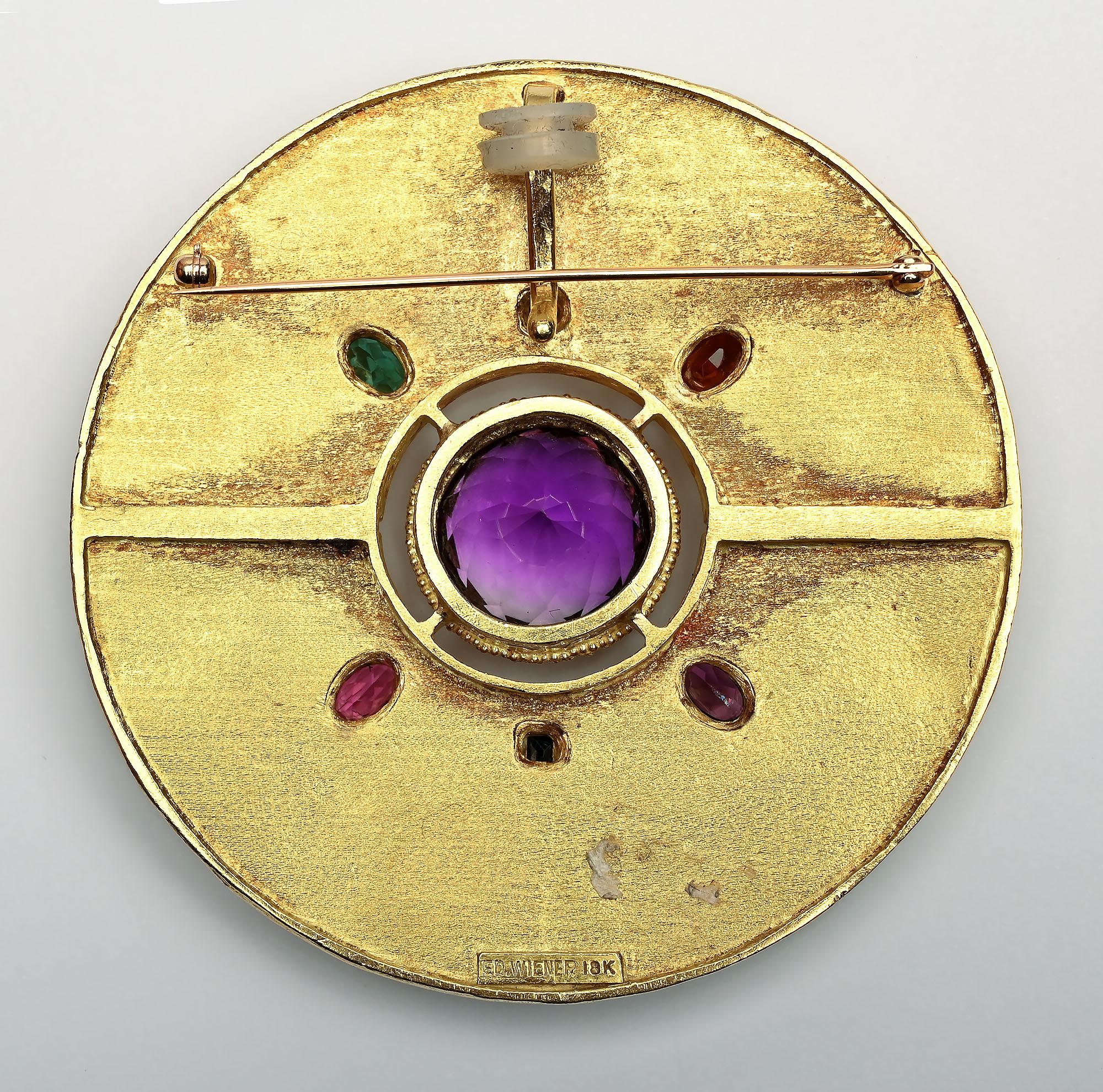 Modernist Ed Wiener Gold and Gems Brooch/ Pendant For Sale