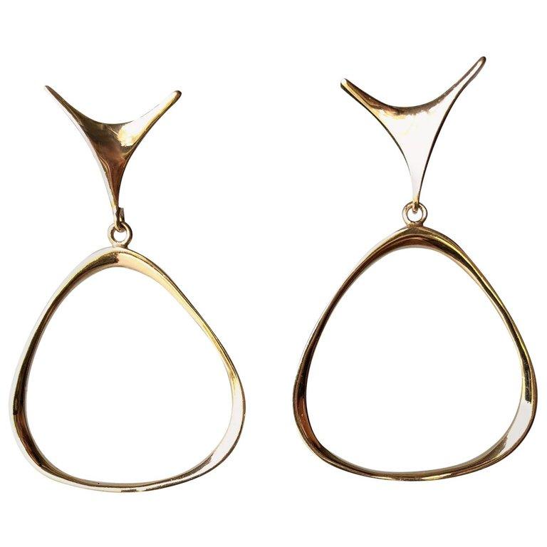 Ed Wiener Gold New York Modernist Dangling Hoop Earrings In Good Condition In Palm Springs, CA