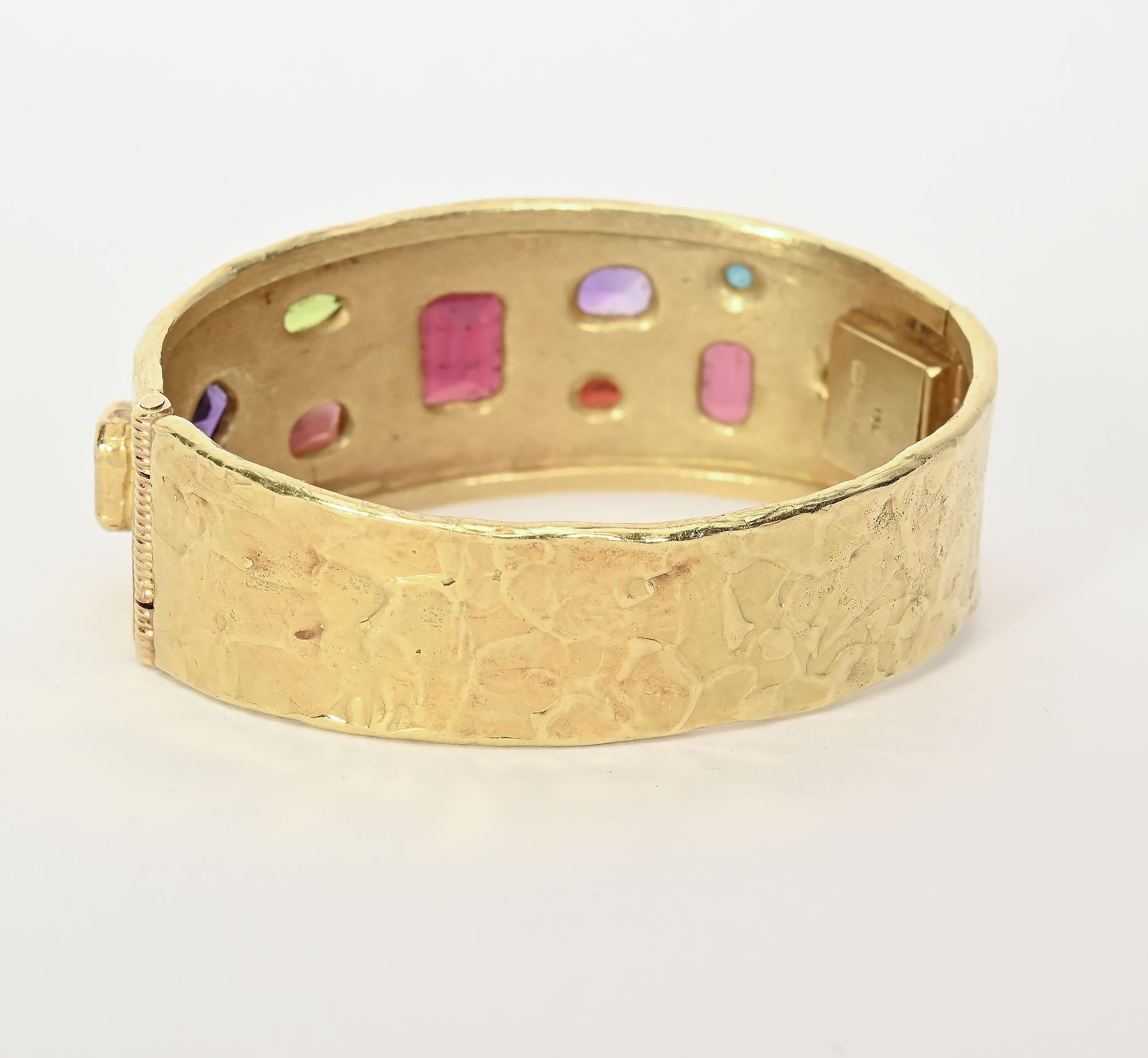 Modernist Ed Wiener Hinged Bangle Bracelet with Gemstones For Sale