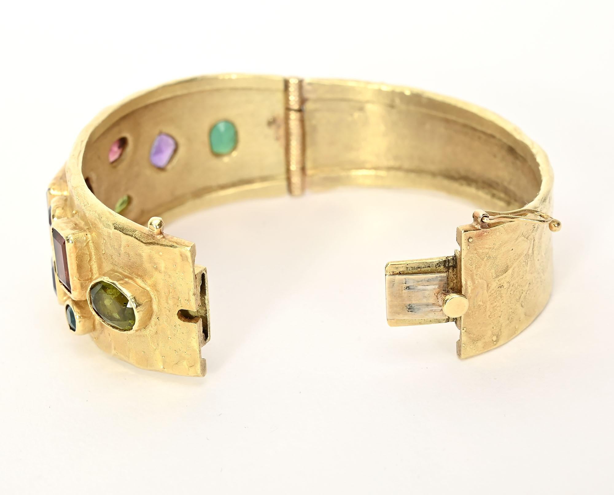Mixed Cut Ed Wiener Hinged Bangle Bracelet with Gemstones For Sale