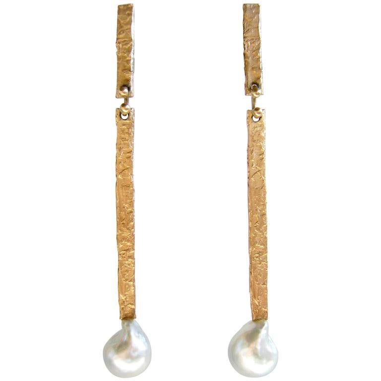 Bead Ed Wiener Mabe Pearl Textured Gold New York American Modernist Earrings