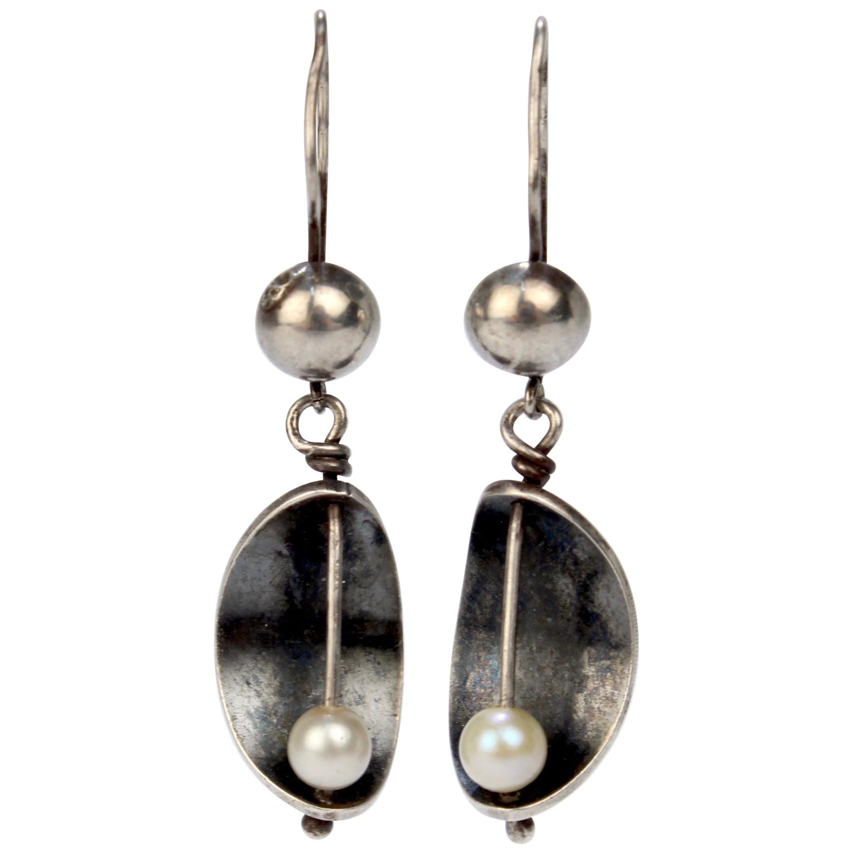 Ed Wiener Modernist Sterling Silver and White Pearl Dangle Earrings