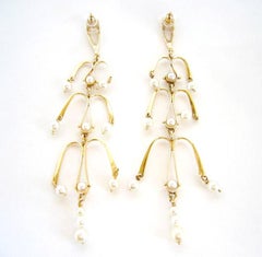Ed Wiener Gold Pearl Kinetic American Modernist Chandelier Earrings