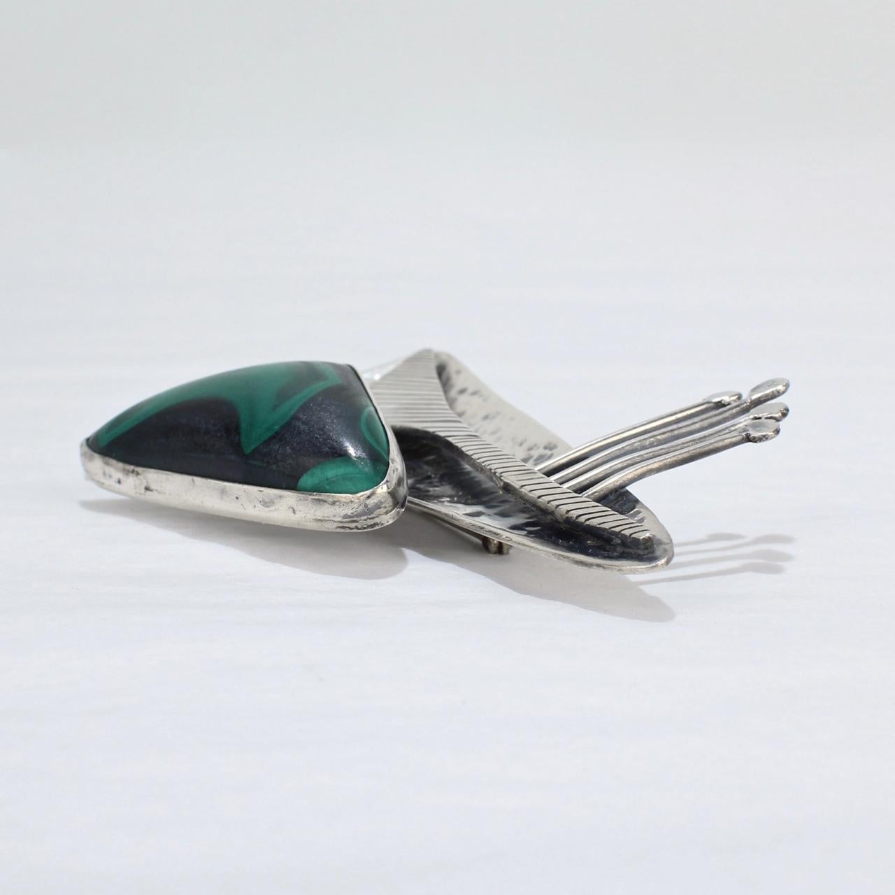 Ed Wiener Sterling Silver and Malachite Midcentury Modernist Brooch / Pendant For Sale 4