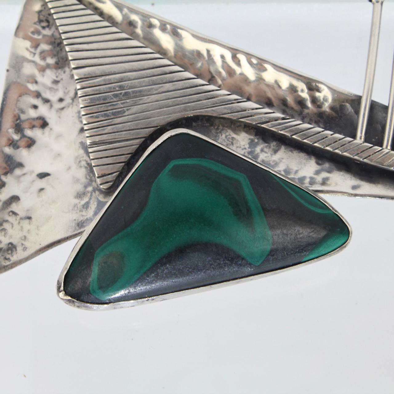 Ed Wiener Sterling Silver and Malachite Midcentury Modernist Brooch / Pendant For Sale 4