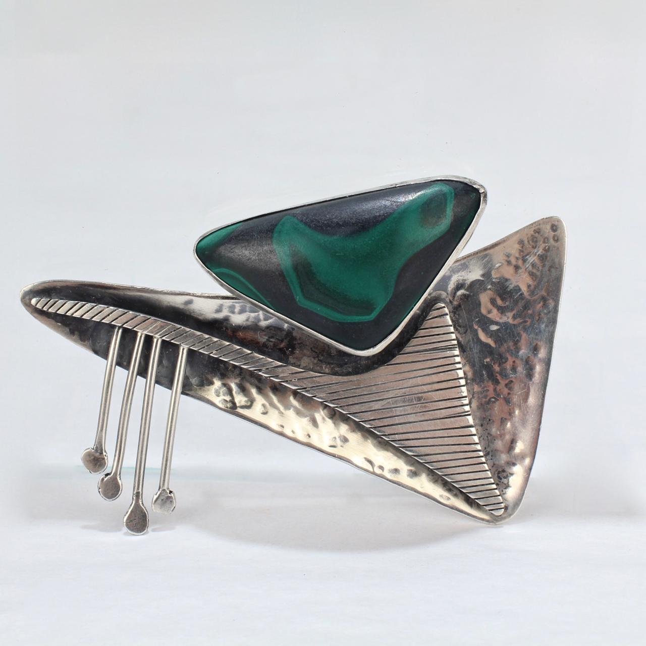 Uncut Ed Wiener Sterling Silver and Malachite Midcentury Modernist Brooch / Pendant For Sale