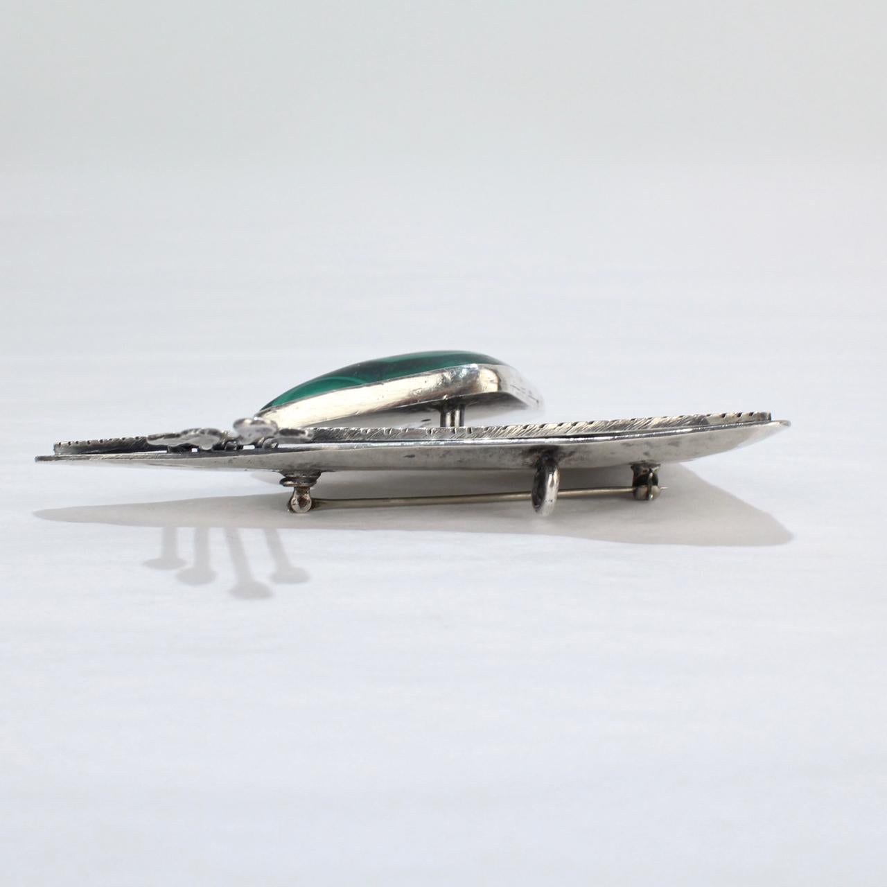 Women's Ed Wiener Sterling Silver and Malachite Midcentury Modernist Brooch / Pendant For Sale