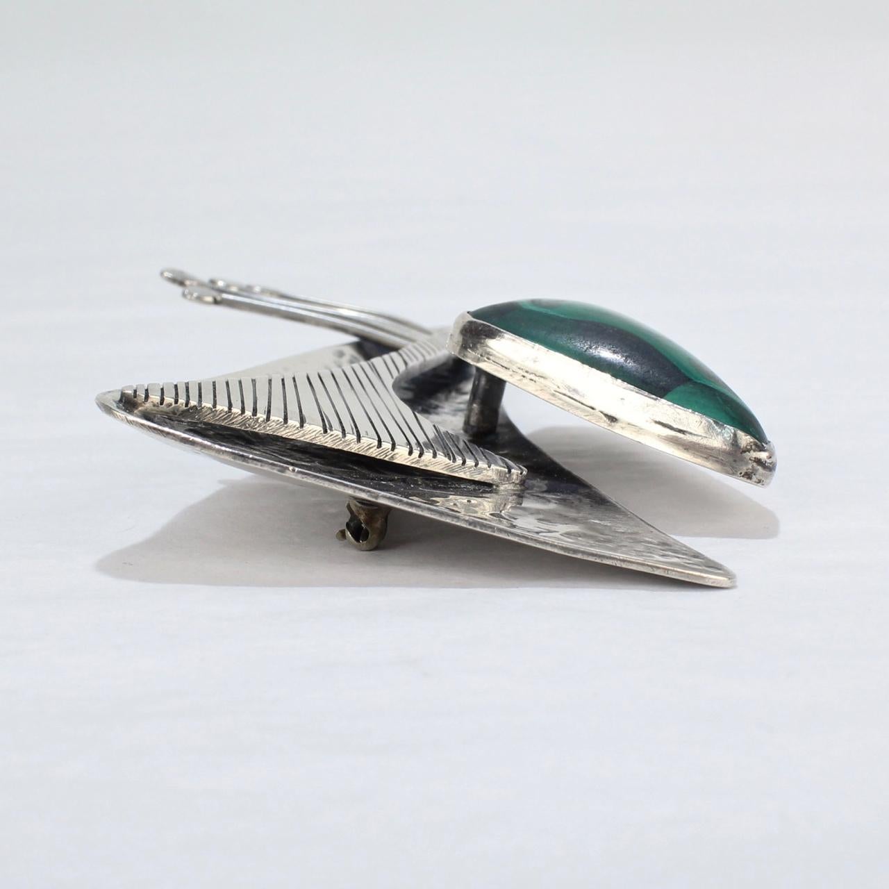 Ed Wiener Sterling Silver and Malachite Midcentury Modernist Brooch / Pendant For Sale 1