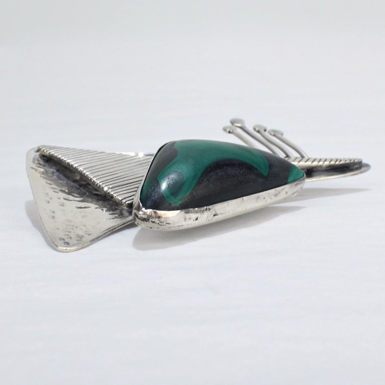 Ed Wiener Sterling Silver and Malachite Midcentury Modernist Brooch / Pendant For Sale 3