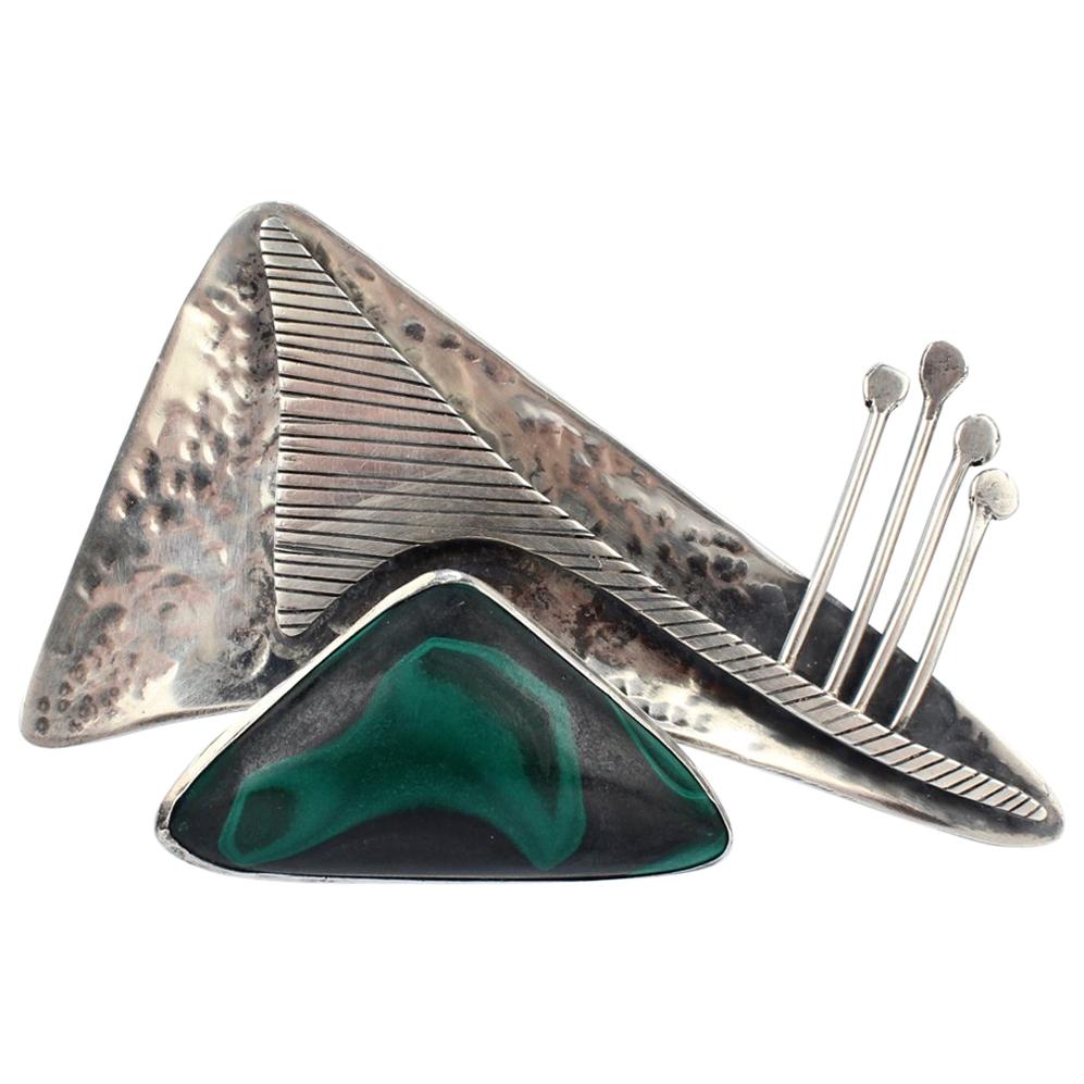 Ed Wiener Sterling Silver and Malachite Midcentury Modernist Brooch / Pendant