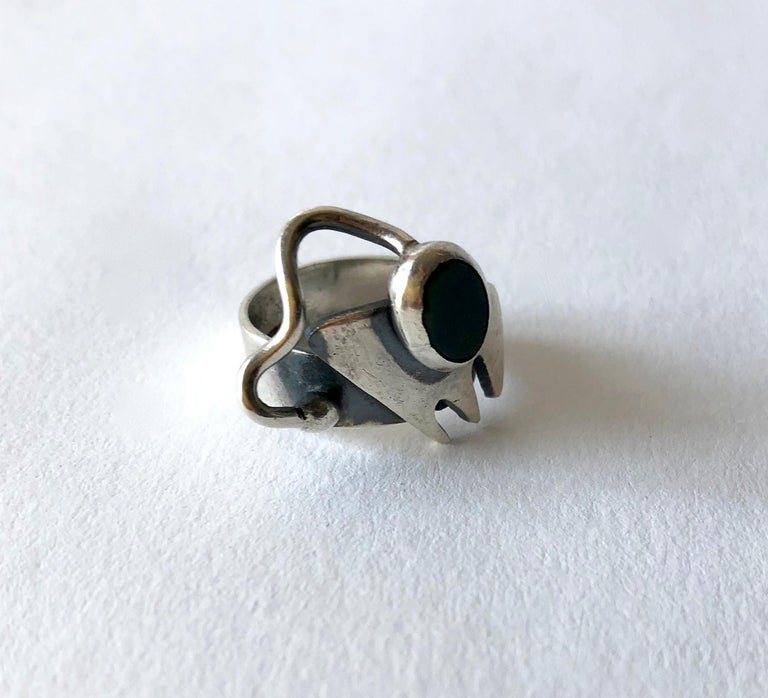 Ed Wiener Sterling Silver Bloodstone New York American Modernist Studio Ring In Good Condition For Sale In Los Angeles, CA