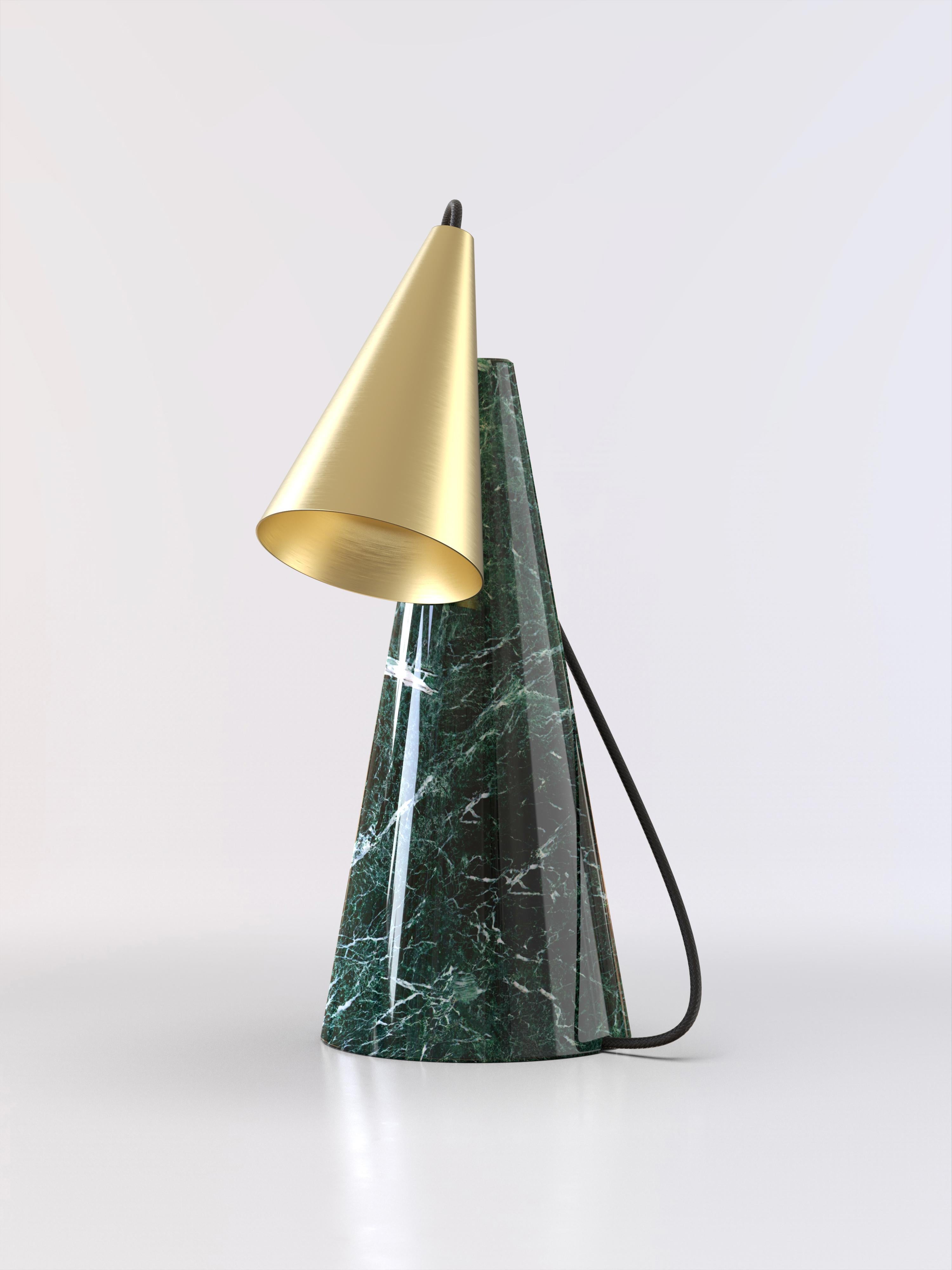 Table lamp with Guatemala green stone base and conic brushed brass lightshade.