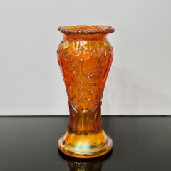 Eda Sweden Carnival Iridescent Art Glass Vase, Floral Sunburst Marigold, 1900s