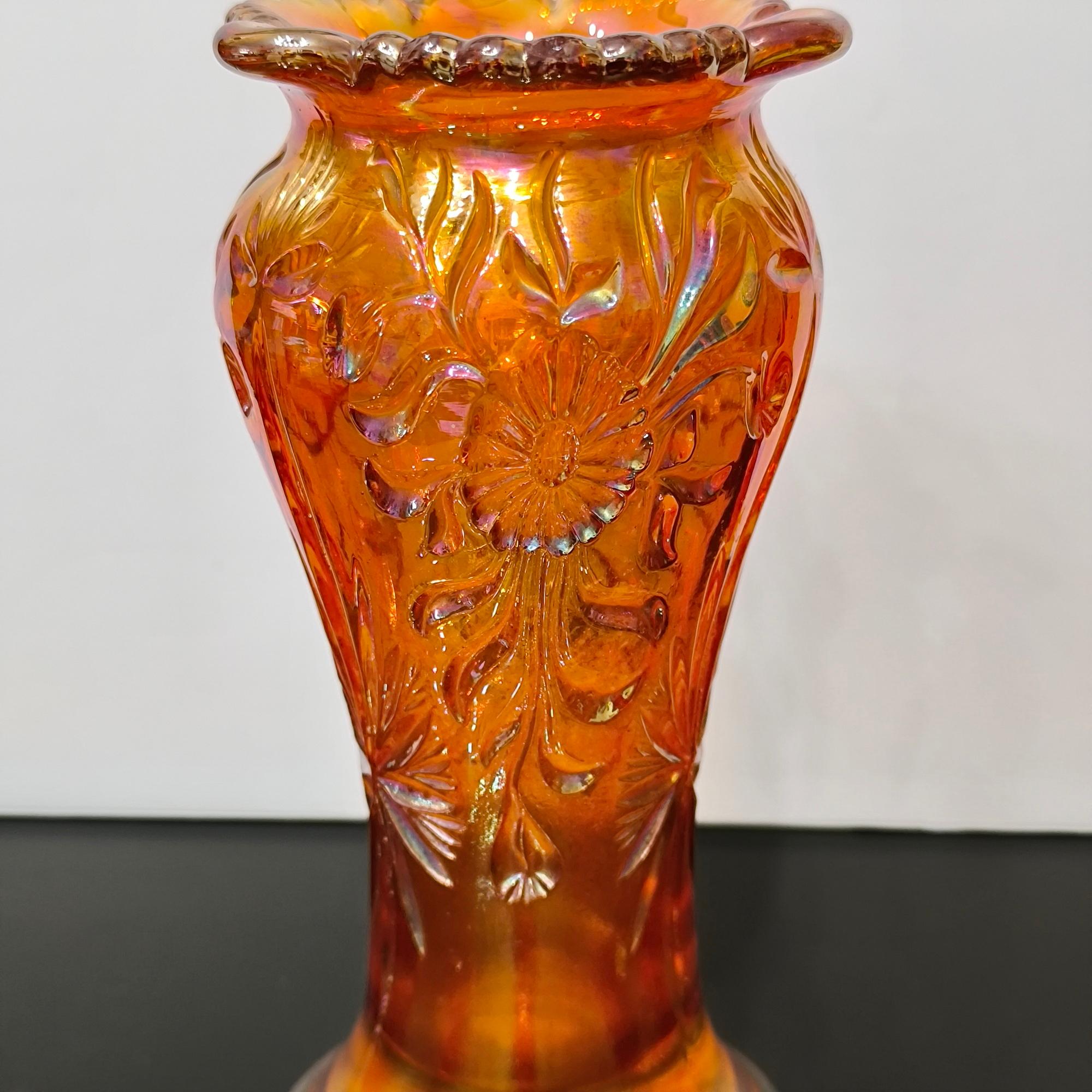 20th Century Eda Sweden Carnival Iridescent Art Glass Vase, Floral Sunburst Marigold, 1900s For Sale