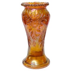 Eda Sweden Carnival Iridescent Art Glass Vase, Floral Sunburst Marigold, 1900s