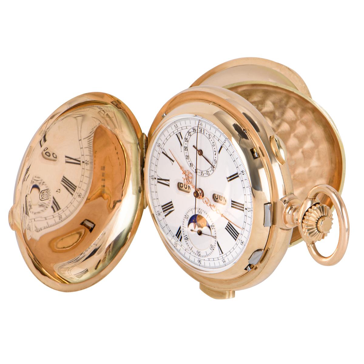EDDA Watch Company 14ct rose gold full hunter minute repeater calendar chronograph pocket watch, C1900.

Dial: The perfect white enamel dial with Roman Numerals and sub dials for the date at twelve, seconds dial and lunar dial at six with jump dials