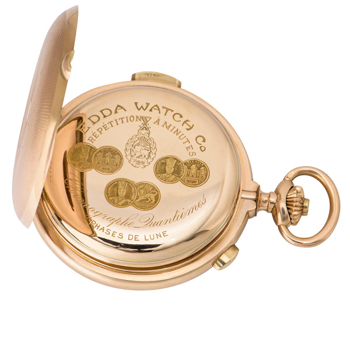 Roségold Full Hunter Minute Repeater Kalender Chronograph Taschenuhr von Edda &Co im Zustand „Hervorragend“ im Angebot in London, GB