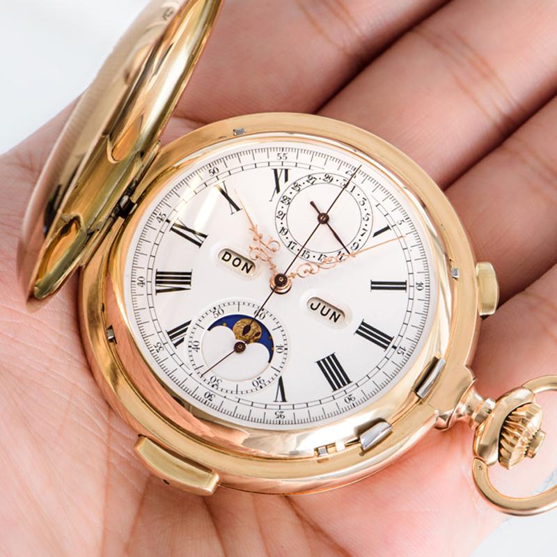 Edda &Co Rose Gold Full Hunter Minute Repeater Calendar Chronograph Pocket Watch For Sale 2