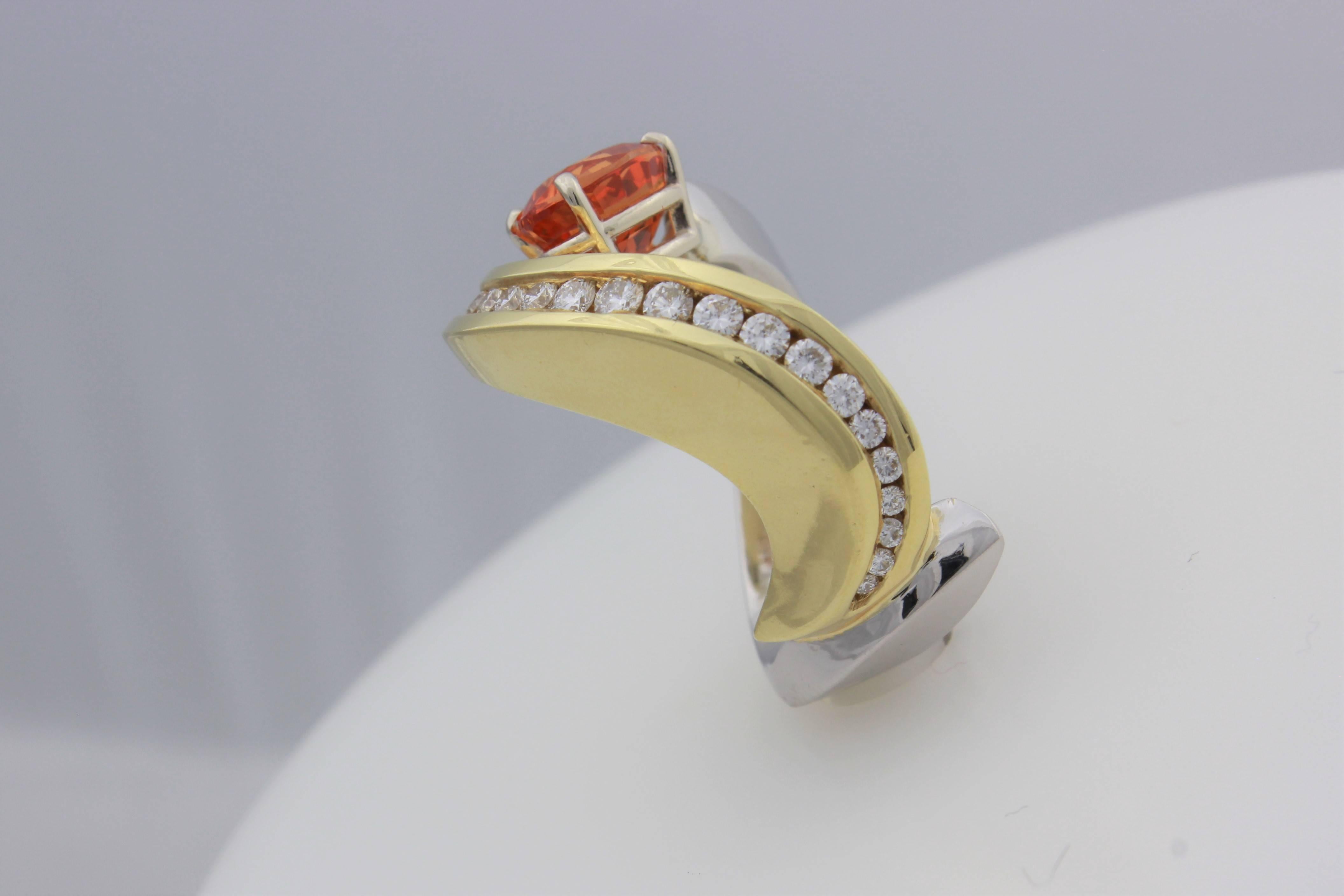 Oval Cut Eddie Sakamoto Designed Spessartite Garnet And Diamond Ring Set In Plat/18ktYG For Sale