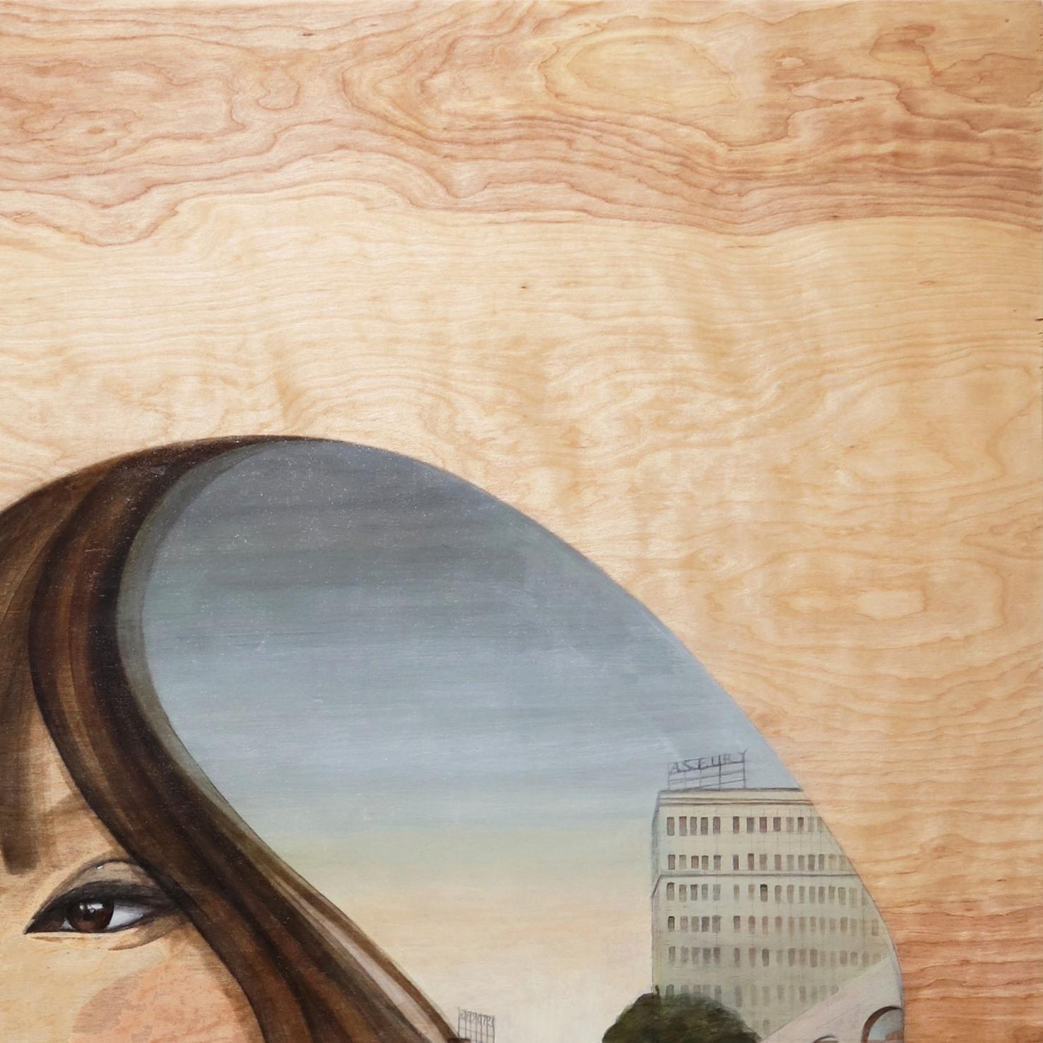 Carondelet - Figurative Surrealist Portrait Landscape Paintings on Exposed Wood - Beige Abstract Painting by Eddy Lee