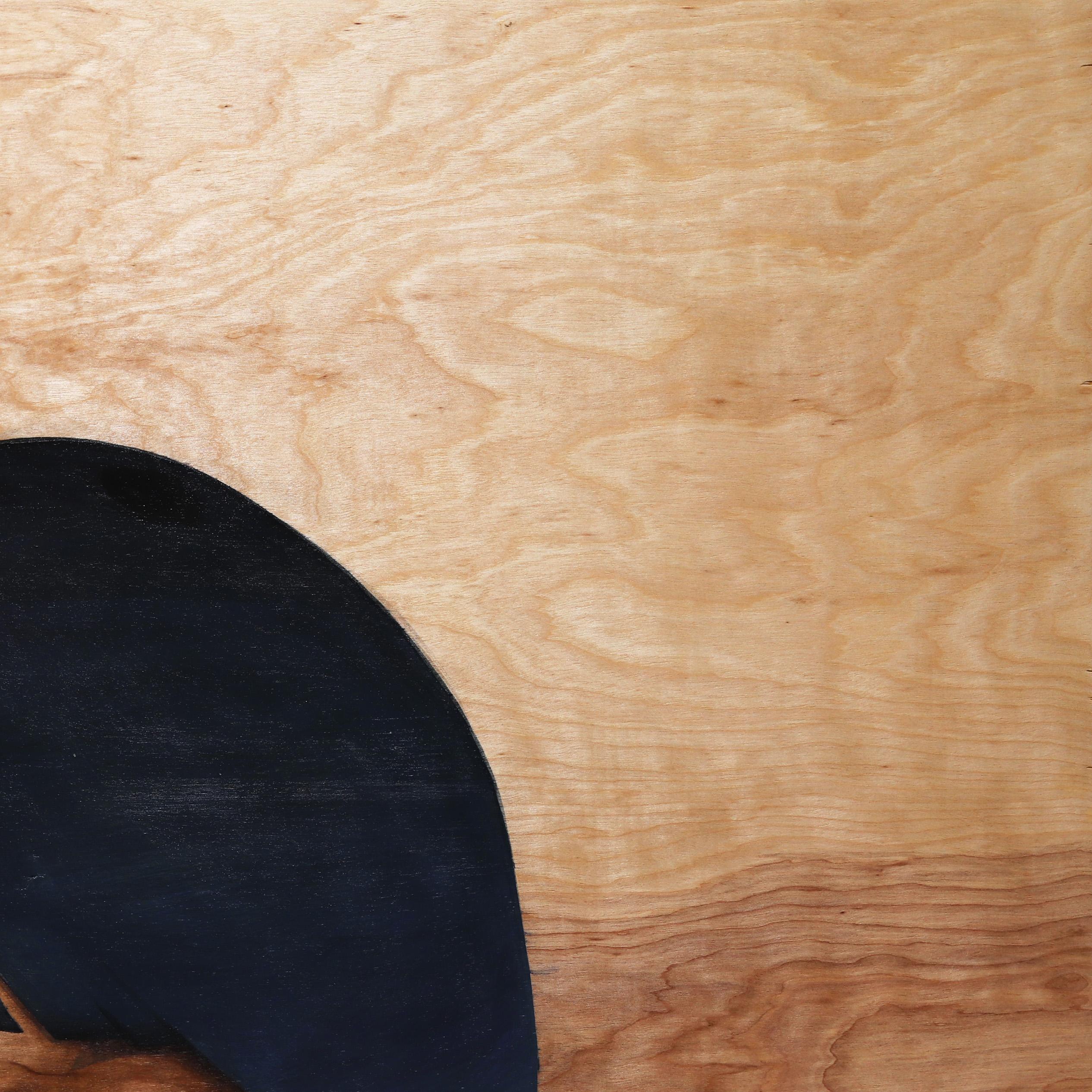 Eddy Lees figurative, surrealistische Porträtgemälde auf belichtetem Holz zeigen gefühlsbetonte Sirenen, die ein Gefühl von Geheimnis und Verführungskraft hervorrufen. Seine originellen Kunstwerke kombinieren geometrische Elemente mit unschuldigen